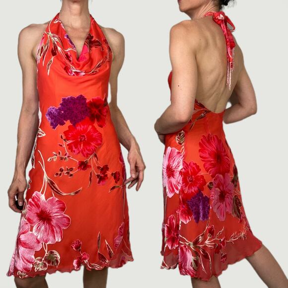 Cache silk floral halter midi dress velvet burnout cowl neck open back orange 2 - Picture 3 of 17